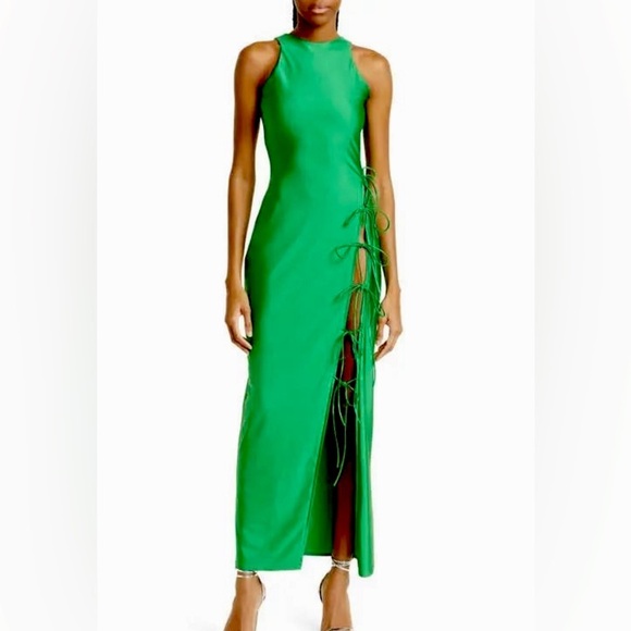 Mother of All Dresses & Skirts - MOTHER OF ALL Nela Tie Slit Maxi Dress Kelly Green Satin Size L NWT